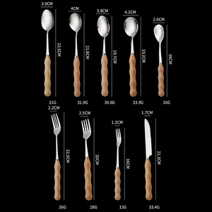 Couteau, fourchette et cuillère en acier inoxydable Ensemble de vaisselle occidentale Manche en hêtre Fourchette <span class=keywords><strong>à</strong></span> fruits Cuillère <span class=keywords><strong>à</strong></span> <span class=keywords><strong>dessert</strong></span> pour crème glacée Couteau <span class=keywords><strong>à</strong></span> steak - Product Image 2