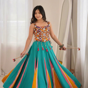 Ladies Teal Green Flared Panel <b>Lehenga</b> Choli Set Kutchi Mirror Work <b>Crop</b> <b>Top</b> Indo Western Garba Dress Ready to Ship - Product Image 1