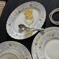 Vintage Blumenmuster Keramikteller Runder Gerippter Dessert- und Suppenteller Hellblau Gelb Lila Geschirr für Frühstück