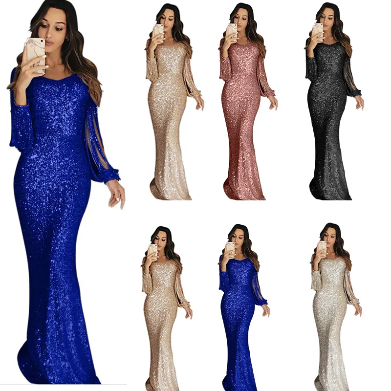 New Dress Women's Sequined Fishtail V-Neck Solid Maxi Bodysuit With Long Fringe Sleeves Evening Dress Champagne Formal Dress