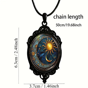 Affascinante Collana con Ciondolo Ovale in Lega e Catena a Bambù - <span class=keywords><strong>Gioielli</strong></span> Sole e Luna in Cornice Nera Design Sportivo Unisex - Product Image 2