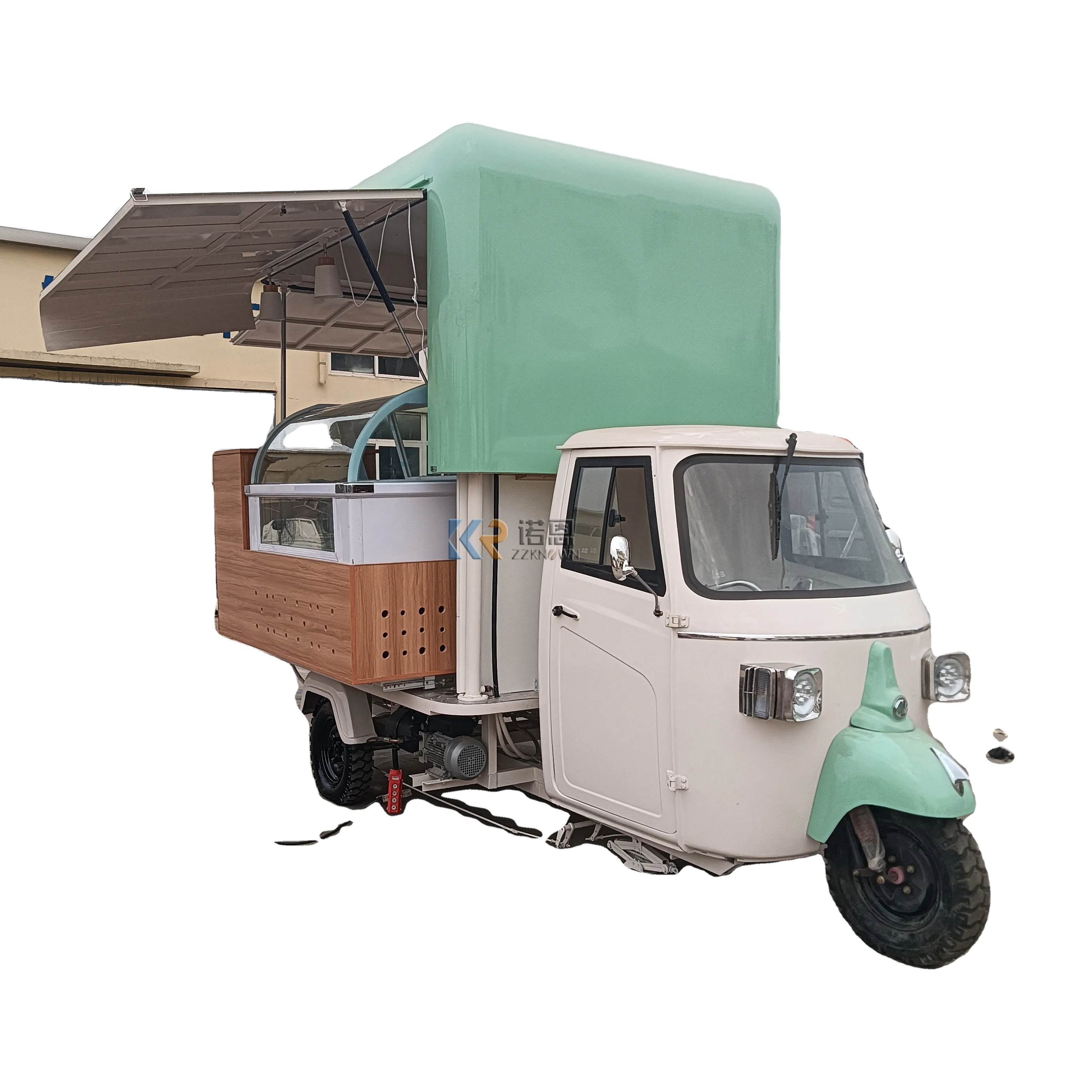 Triciclo con techo de elevación para exteriores, carrito de comida móvil, a gasolina, móvil