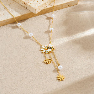 Collar de Moda de Acero Inoxidable 316L Resistente al Agua y al Deslustre, Chapado en Oro de 14k y 18k, con Colgante de Abeja y Flor para Mujer - Product Image 4