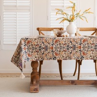 Nappe en coton et lin à pompons, style vintage américain, motif floral jacquard teint en fil, rectangulaire, pour table basse, style français
