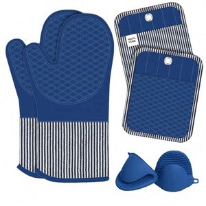 Ensemble de maniques et de protège-plats en silicone bleu à rayures coton, résistant à la chaleur, compatible lave-vaisselle, écologique, pour la cuisine et la pâtisserie - Product Image 1