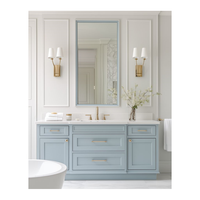 Meuble-lavabo double vasque autoportant bleu clair style Shaker avec quincaillerie dorée et vasque en pierre pour maison et hôtel (vente en gros)