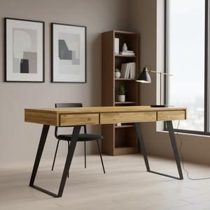 Bureau de direction Lowry en bois vieilli couleur blé doré, 3 tiroirs, design industriel moderne, mobilier de bureau autoportant - Product Image 2