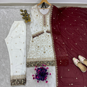 <b>Indian</b> Boutique Designer White Georgette <b>Top</b> With Plazzo And Dupatta Set For Women Ethnic Wear India Pakistan Traditional Style - Product Image 1