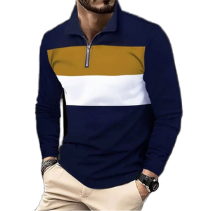 เสื้อคอปกซิปสีตัดต่อสำหรับผู้ชาย |   เสื้อเชิ้ตสตรีทแวร์แขนยาวลายแนวนอน |   เสื้อท็อปแห้งเร็วแบบถักอินเตอร์ล็อคพรีเมียม - Product Image 1
