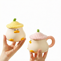 Tasse en céramique peinte à la main avec couvercle, motif dessin animé mignon de canard, idéale pour le café ou le petit-déjeuner, pour la maison ou comme cadeau
