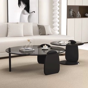 Wabi-Sabi Style Modern Minimalist <strong>Coffee</strong> <strong>Table</strong> Set Creative Design Living Room Premium Round Black <strong>Glass</strong> Tea <strong>Table</strong> Combination - Product Image 3