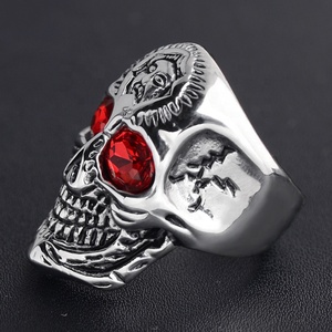 Acero inoxidable hombres gótico CZ rubí rojo circón ojos cráneo dedo anillo fantasma joyería - Product Image 2