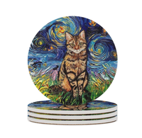 Night Kitty Cat Sous-verres en céramique non émaillés de 4 pouces pour tapis et tampons en céramique vierges de sublimation Sous-verres ronds en céramique