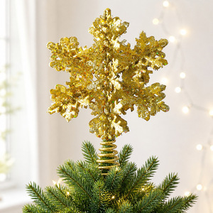 LINGKAI Glitter <b>Snowflake</b> Christmas Tree Topper Red Gold Metal Spring Base Xmas Tree Top for Holiday Home <b>Decor</b> - Product Image 3