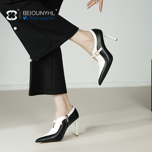 Trắng + đen Doanh Nhọn Khóa một dòng dây đeo chính hãng Da Stiletto gót sang trọng khí quyển mùa hè Phụ nữ dép - Product Image 4