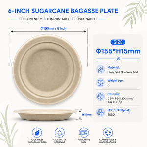 Plato Redondo Desechable de 6 Pulgadas, Compostable, Hecho de Bagazo de Caña de Azúcar, Apto para Microondas - Product Image 2
