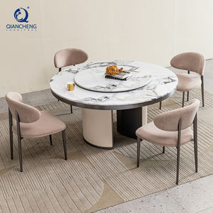 Juego de Comedor de Cuero de Lujo Estilo Italiano, Muebles para el Hogar, Mesa Redonda de Piedra de Mármol con Plato Giratorio, Mesa de Restaurante de Alta Gama - Product Image 1