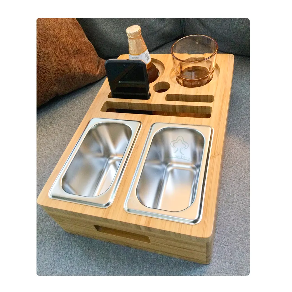Premium Removable Bamboo Couch Cup Holder Tray with Slots for Beer, Beverages, Remote Controls, Tablets