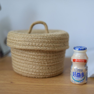 Jute Woven <b>Basket</b> Round Storage Box With Lid Handmade Desktop Organizer For Cosmetics Keys Snacks - Product Image 4