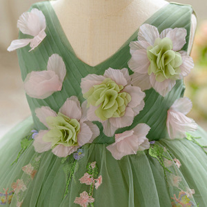 Baby Einjähriges Festkleid Feenkleidung Kleine Mädchen Prinzessin Ballkleid Luxuriöses Blumenapplikation Ärmelloses V-Ausschnitt-Kleid - Product Image 3