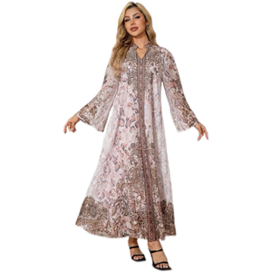 Abaya Modesta de Poliéster 2026, Vestido Largo <span class=keywords><strong>para</strong></span> <span class=keywords><strong>Mujer</strong></span>, Tela Bordada con Estampado Floral y Pedrería, Largo hasta el Tobillo, <span class=keywords><strong>Ropa</strong></span> Musulmana - Product Image 1