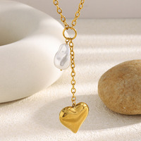 Collier étanche en acier inoxydable plaqué or 18 carats avec chaîne en Y, pendentif cœur à pompon et perle baroque, bijoux pour femme