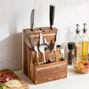 Durvex Acacia Wood Knife Block 17Pc Storage Rack <b>Desktop</b> Kitchen Utensil Organizer With Slots For Knives And Tools - Product Image 1
