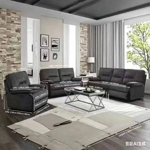 Juego de Sofás de Cuero Reclinables Manuales Modernos Frank Furniture 3+2+1 con Consola y Portavasos Extraíble, Apto para Sala de Estar - Product Image 2
