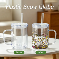 Gobelet en plastique à double paroi de 17 oz, type boule à neige, avec poignée, trou au fond avec bouchon en silicone, remplissable, pour paillettes DIY, avec couvercle à paille