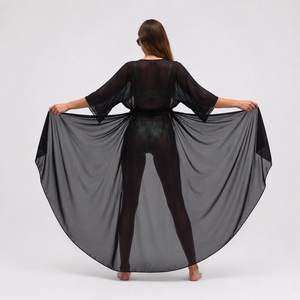 Vestido de playa maxi de gasa negra para mujer con manga murciélago, cuello cuadrado, ajuste holgado y cordón. - Product Image 2