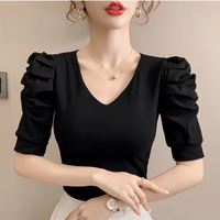 T-shirt court à manches courtes, col en V, manches bouffantes, respirant, uni, coupe ajustée, sexy, décontracté, écologique, pour l'été