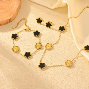 Conjunto de joias femininas à prova d'água 18K banhadas a ouro real em aço inoxidável 4 folhas trevo colares