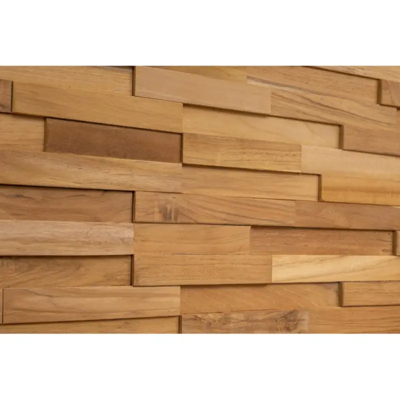Wall 3D Mosaic Tile in Solid Teak Wood Sets Natural Finish Tiles Wooden Wall Planks Covering Application for DIY Accent Wall