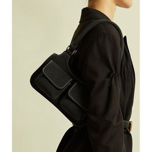 <b>Customized</b> Women Black Cotton Canvas Shoulder Bag Large Capacity Solid Multi Pockets Underarm Tote Bag Reusable Shopping Bag - Product Image 5