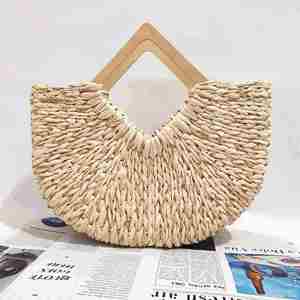 Wholesale Portable Moon <b>Bag</b> Gold Wire Rope Braided <b>Bag</b> Holiday Leisure Straw Braided <b>Bag</b> <b>Large</b> Capacity Wood Handle <b>Beach</b> Women - Product Image 2