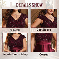 Robe de soirée formelle longue IMPEREAL grande taille bordeaux à col en V, manches courtes à sequins, en satin, coupe trapèze, pour bal de promo et mariage