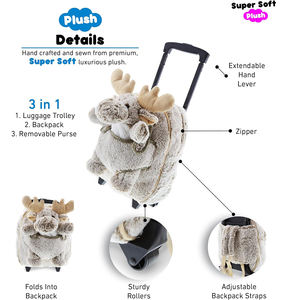 5305 Moose Plush Trolley Purse Set-Mochila 3 en 1 para niños Bolsa rodante suave con juguete de felpa extraíble Mochila escolar con <span class=keywords><strong>ruedas</strong></span> - Product Image 2