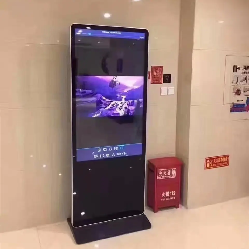 Écran tactile LCD 4K 42 49 50 55 65 pouces avec position au sol Chine lecteur multimédia affichage numérique personnalisé pour la publicité