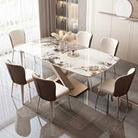 Ensemble de table à manger moderne de luxe léger en pierre frittée, plateau rectangulaire en marbre avec pieds en X, 6 places, mobilier de cuisine avec chaises en cuir