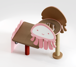 Casetta per gatti e torre in cartone ondulato a tema meduse rosa per arrampicarsi, graffiare e riposare - Product Image 2
