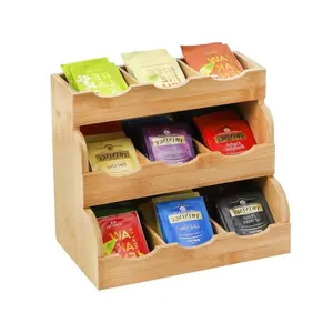 3 Tier Rustic Condiment Holder Storage Caddy Bamboo Tea Bag Organizer Vertical Tea Bag Holder with 9 Compartments