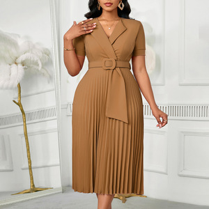 Short Sleeved V-neck Fashionable <strong>Temperament</strong> Elegant Pleated Plus Size High Waist African Dress for Women - Product Image 3