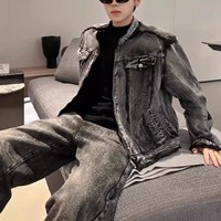 Blouson Bomber Unisexe Rétro Américain Vintage Noir Décontracté en Jean Coupe-Vent Long XL Printemps Automne avec Fermeture Éclair en Cuir de Vachette