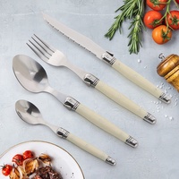 Service de table Laguiole style américain, 4 pièces : couteaux à steak, fourchettes, cuillères à soupe, cuillères à café, couleur ivoire, écologique, portable