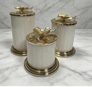 Vente en gros de pots à café, bonbons, thé et sucre en verre blanc et or modernes, <span class=keywords><strong>avec</strong></span> couvercle en forme de feuille, pour la décoration de la cuisine - Product Image 1