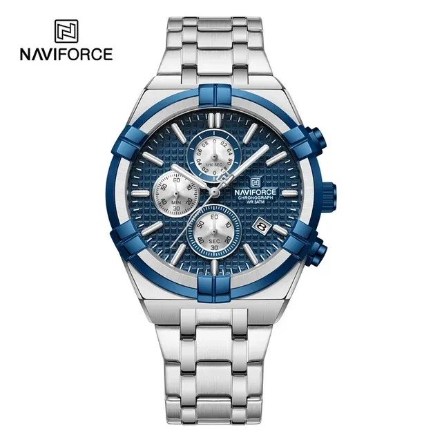 Navifroce 8042 Relógio de pulso luxuoso masculino com pulseira de aço inoxidável e caixa de liga de zinco à prova d'água para homens