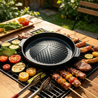Poêle grill ronde en fonte style coréen avec doubles poignées, plaque de cuisson commerciale Teppanyaki facile à nettoyer pour barbecue et cuisson de steaks
