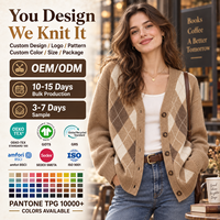 Cardigan en tricot à motif losanges pour femme, col en V, boutonné, coupe oversize, style preppy, vintage, décontracté, OEM ODM personnalisé