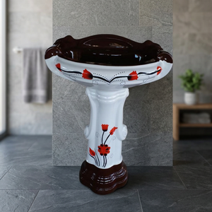 Lavabo sur pied carré en céramique de style américain, à trou unique, décoratif, pour lavage des mains - Product Image 4