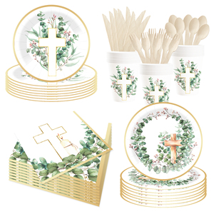 Juego de Vajilla Desechable DAMAI con Diseño de Hojas y Cruz para Comunión, Servilletas para Bautizo de Bebé, Decoraciones para Fiestas con Flores de Bautizo - Product Image 2
